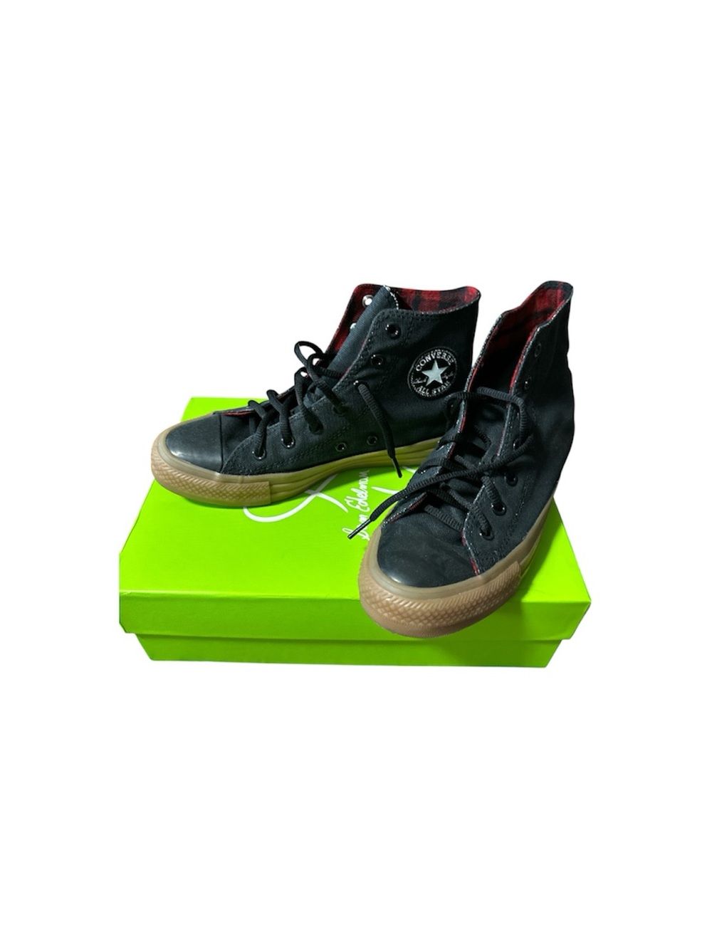 Converse Black High-Top Sneakers with Gum Sole and Red Plaid Lining